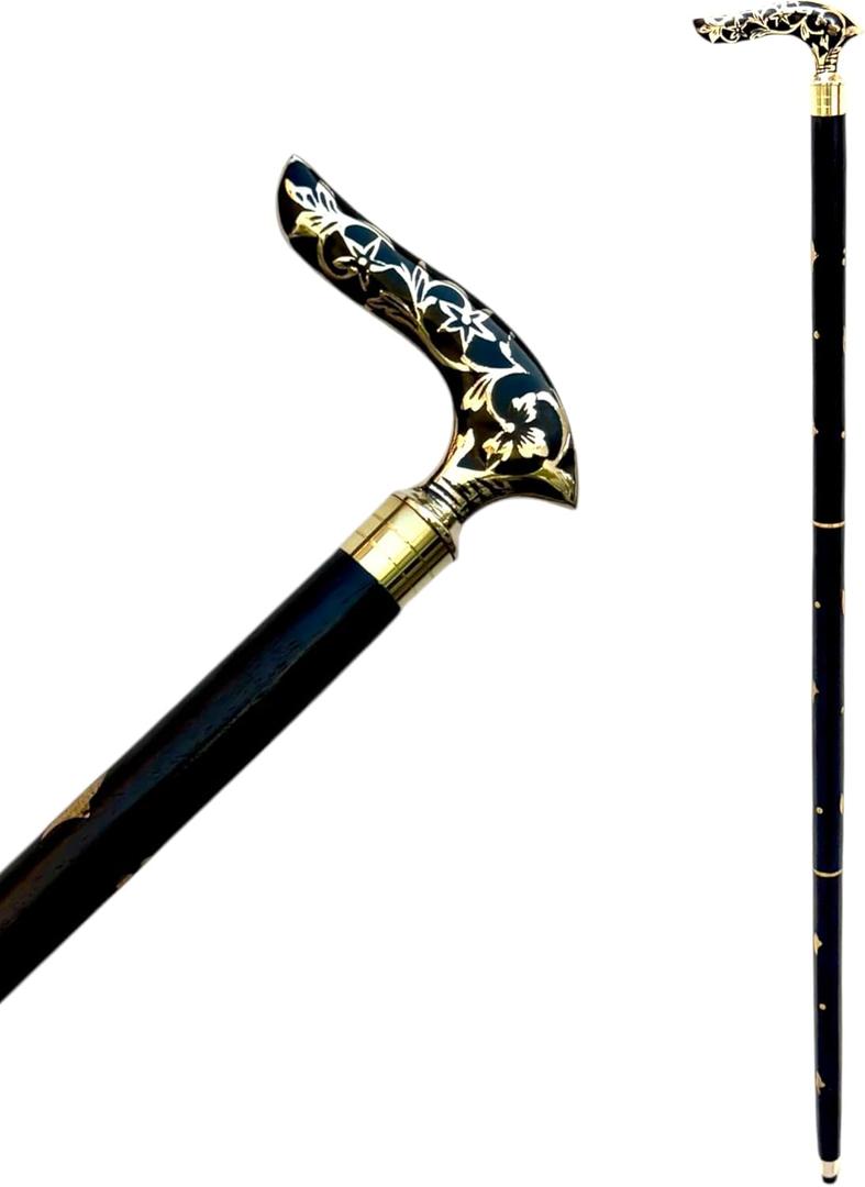 Wooden Walking Stick with Brass Handle  Handcrafted Vintage-Style Mobility Cane for Men & Women  Solid Wood Shaft with Decorative Brass Grip (Black Gold Inlay)