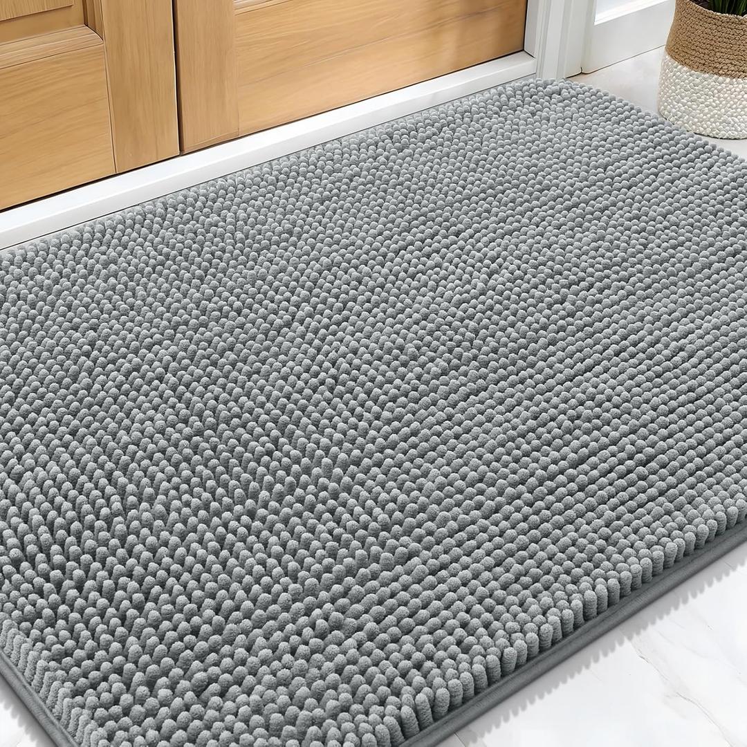 OLANLY Dog Door Mat for Muddy Paws 30x20, Absorbs Moisture and Dirt, Absorbent Non-Slip Washable Doormat, Quick Dry Chenille Mud Mat for Dogs, Entry Indoor Entryway Carpet for Inside Floor, Grey