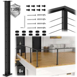 T304 L-drilled Cable Railing Corner Post 36"(Post 35"x2"x2"), Wire Railing Post with Cable Grommets, Fixed Top Mount Stainless Steel Black Finish Deck Staircase Post (L-Corner Post-1P)