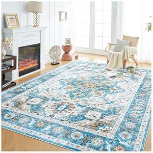 3'x5' Washable Area Rug, Boho Rugs & Vintage Traditional Floor Thin Cover Foldable Indoor Distressed Non Slip Carpet for Bedroom Living Room Bathroom(Khaki-Blue)