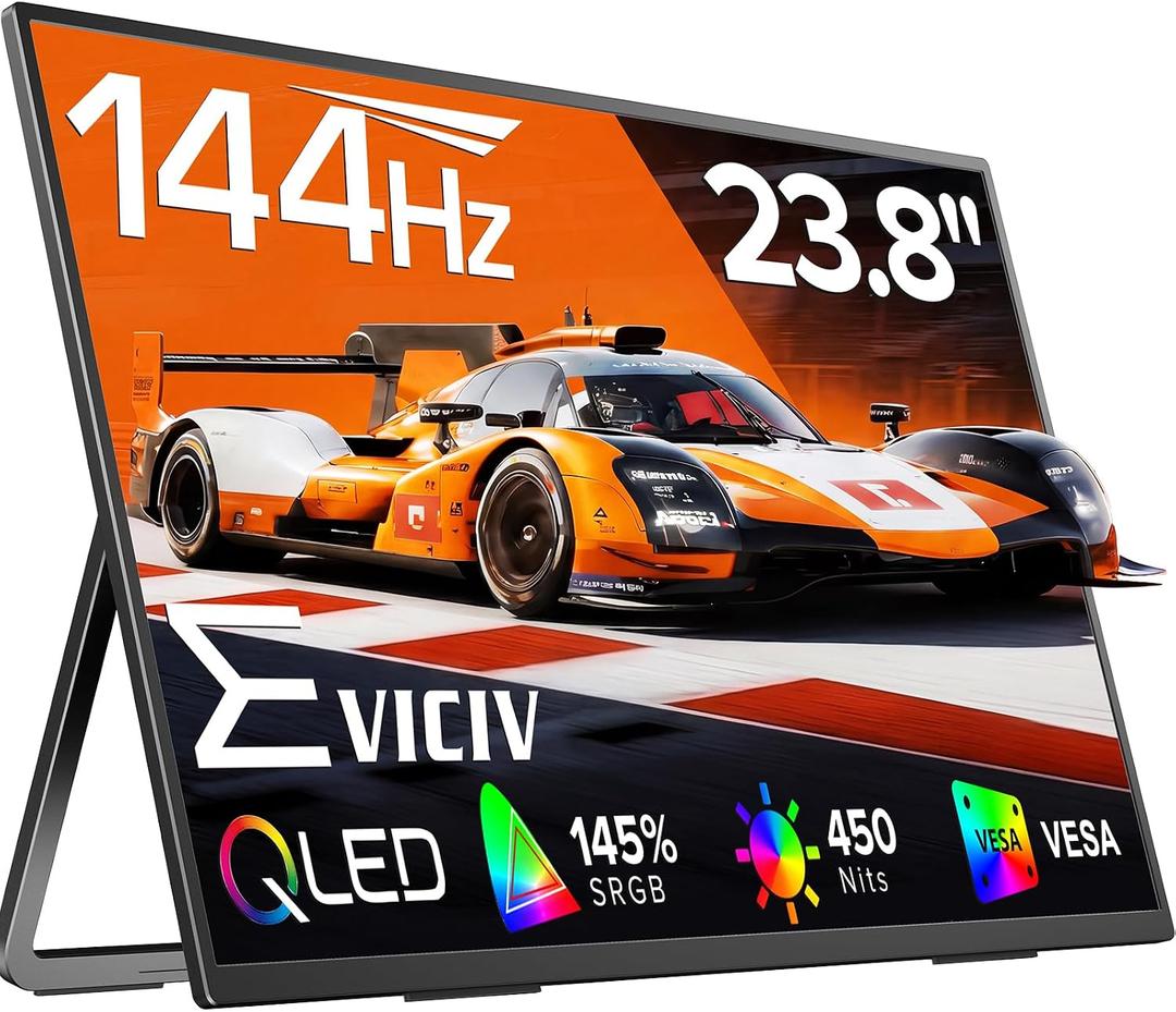 Portable Monitor 24 144Hz 1080P, 145% sRGB QLED Gaming Monitor, 0.1MS FreeSync, 450Nits Laptop Monitor, USB-C & HDMI, VESA & Stand, Large Second Screen for Laptop, Computer, Mini PC, Game Consoles
