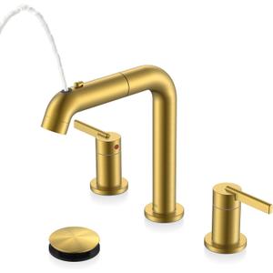 KENES Brushed Gold Pull Down Bathroom Faucet, 8 Inch 2 Handle Widespread Bathroom Faucet 3 Hole with Pull Out Sprayer, Bathroom Sink Faucet with Pop Up Drain & Supply Lines LJ-9058A-4