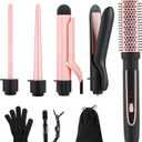 5-in-1 Curling Iron Set, Including a Curling Brush, Straightener, and 4 Interchangeable Ceramic Curling Barrels; Dual Voltage; Comes with Gloves and Hair Clips (0.351.25 inches), Rose Gold