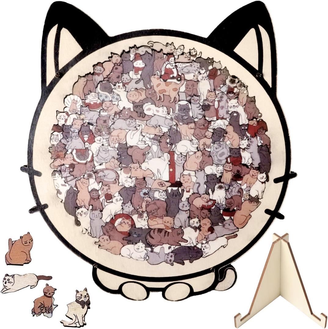 135-Piece Cat Shaped Wooden Jigsaw Puzzle with Frame & Acrylic Cover - Morandi Colored Adult Wood Puzzle, Unique Home Decor Gift for Cat Lovers (Morandi)