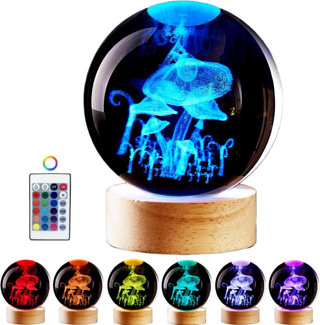 Large Mushroom Crystal Ball Night Light with Woodern Base, 3D Crystal Lamp 16 Color Changing with Remote Control, Laser Engraved Glass Ball Lamp, Room Decor (Mushroom)