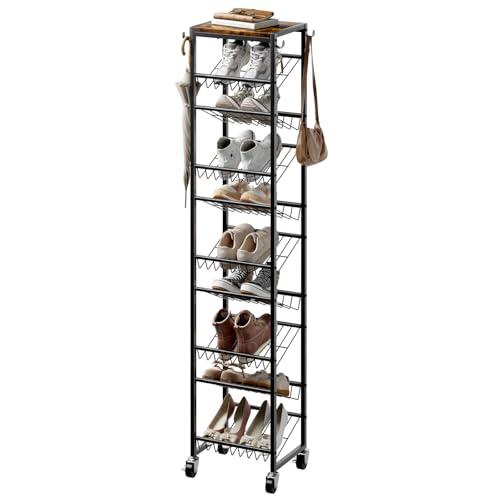 UNITSTAGE 10 Tier Rotating Vertical Shoe Rack Tower, Wooden Tall Shoe Storage Organizer with Hooks, Sturdy Metal Narrow Shoe Shelf for 20 Pairs, Space Saving Rack for Closet Entryway, Rustic Brown, Factory Sealed