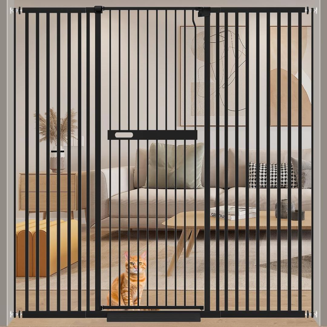 WAOWAO 71" Extra Tall Cat Pet Gate 29.92-61.42" Wide Pressure Mounted Walk Through Swing Auto Close Safety Black Metal Dog Pet Puppy Cat for Indoor Stairs,Doorways