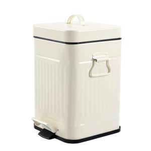 Bathroom Trash Can with Lid, Small Garbage Bin for Home Bedroom, Retro Step Wastebasket with Soft Close, Vintage Metal Office Trash Can, 5 Liter/ 1.3 Gallon, Ivory White