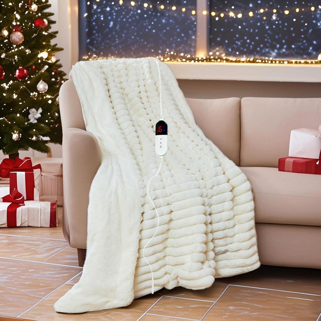Heated Electric Blanket Throw: 6-Level Fast Heating, 4-Hour Auto-Off, Soft&Warm Stripe Faux Rabbit Fur, for Couch Home Office, with Overheating Protection & ETL Certified(50 x 60,Milky White) (Cream)