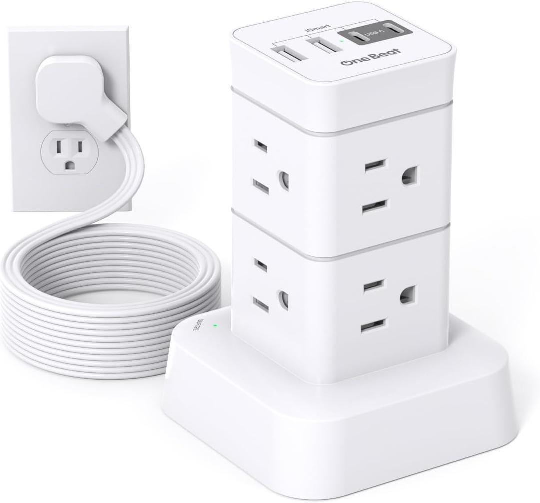 One Beat Tower Surge Protector Power Strip 10 ft,Long Flat Extension Cord with Multiple Outlets,8 AC Outlets with 4 USB Ports,Desktop Charging Station for Multiple Devices,for Home Office College Dorm