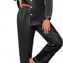 Ekouaer Silk Satin Pajamas Women's Long Sleeve Pj Set Soft Button Down 2 Piece Sleepwear Loungewear S-XXL (Black)