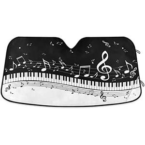 Piano Music Notes Windshield Sun Shade White Keys Music Note Black Blackboard Sun Visor Protector Car Front Window Sunshades Protector Blocks UV Rays Foldable Universe for Car Truck SUV, 57x31.5in