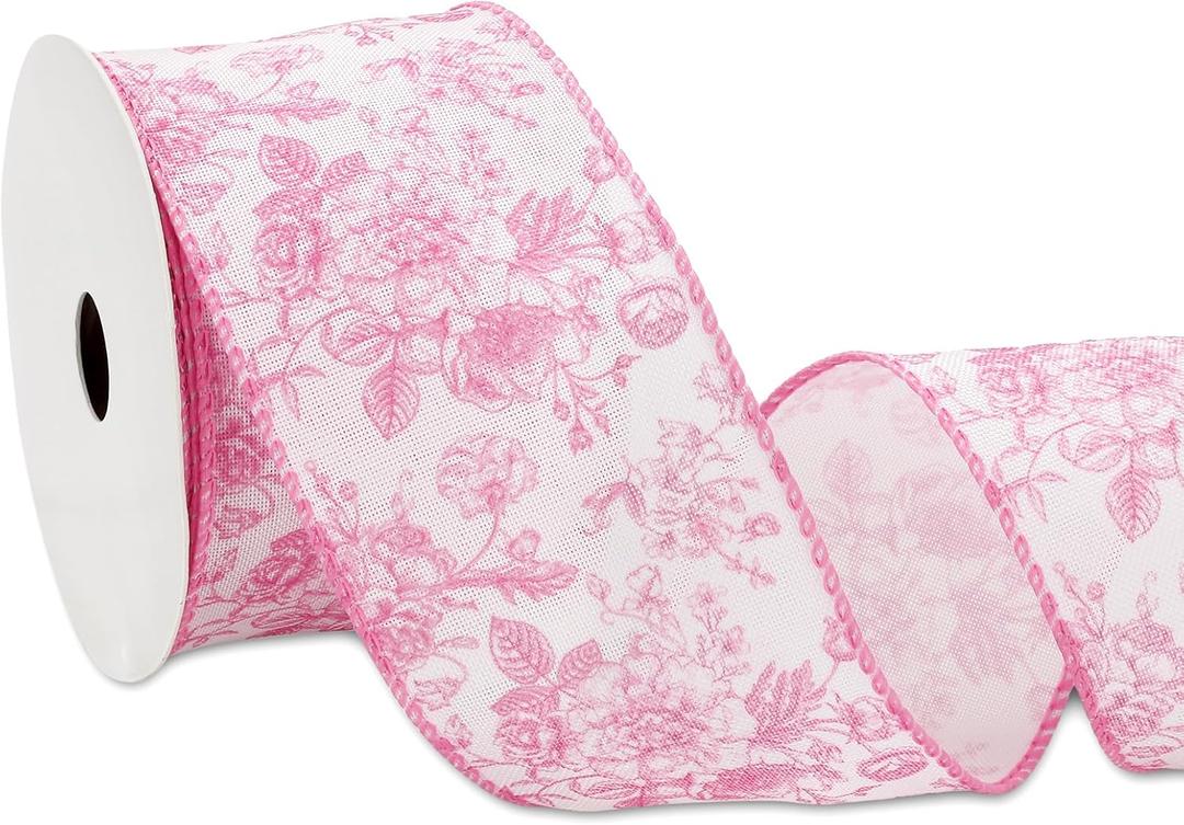 Floral Wired Edge Ribbon Roll Pink Flower Chinoiserie Fabric Ribbon for Wreath Bow Making DIY Crafts Gift Wrapping, 12 Yard