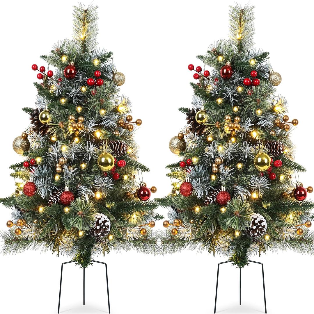 Set of 2 Outdoor Pathway Christmas Trees with Lights, Frosted Twinkle Small Easy Christmas Tree for Driveway, Entrance, Urn & Pot Filler, Front Porch, Yard, Garden Outside Holiday Decoration (Frosted With Red & Gold Berries)