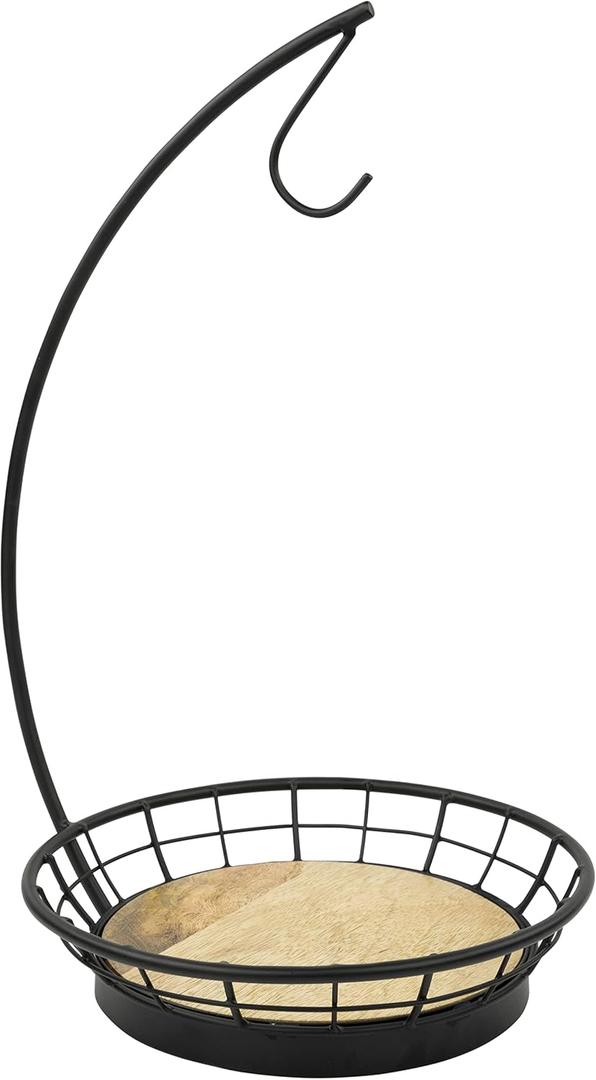 Spectrum Madison Fruit Bowl and Banana Hanger Hook for Fresh Food Vegetables Bread & Snacks, Farmhouse Kitchen Countertop Wooden Base Fruit Basket Produce Saver and Banana Holder, Black