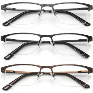 acavefox 3 Pack Blue Light Blocking Reading Glasses Men Readers 1.0-4.0 | Accurate 1.0 Magnification, Anti UV, Metal Semi-frame, Spring Hinge, Lightweight Sturdy Trendy Eyeglasses