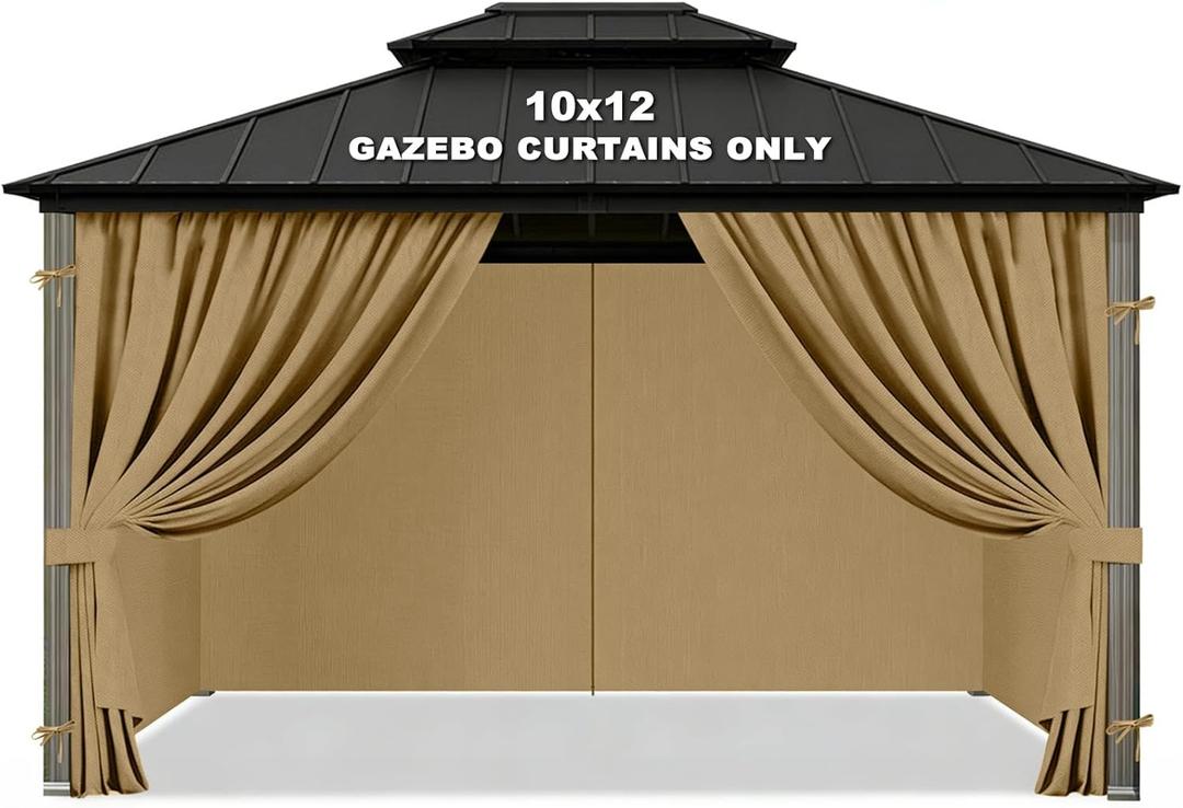 Gazebo Privacy Curtains 10' x 12' Replacement Panels Waterproof & Windproof 4 Zippered Sidewalls for Patio Canopy, Outdoor Garden or Backyard Gazebo(Khaki)