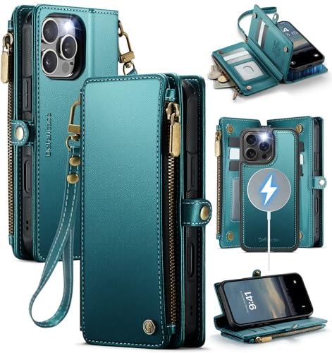 Defencase for iPhone 16 Pro Magnetic Wallet Case Compatible with Magsafe with RFID Blocking Zipper Strap Card Holder for Women Men PU Leather Detachable Case for iPhone 16 Pro (6.3 inches), Blue Green
