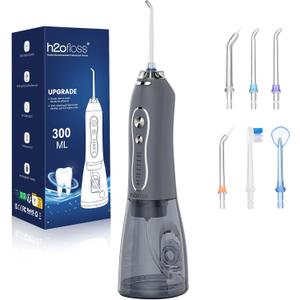 H2ofloss Water Dental Flosser Pick for Teeth: 5 Modes Cordless Portable 300ML Larger Tank Water Teeth Cleaner IPX7 Waterproof Flossing Cleaning Picks for Home Travel Gray