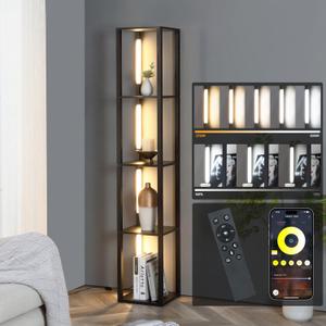 FENLO Shelf Floor Lamp with Wooden Shelves  Modern Floor Lamp with Adjustable LED Lighting, Remote & App Control  Tall Standing Lamp with Storage for Bedroom, Living Room, or Office (Black CCT)