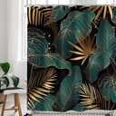 Emerald Green Shower Curtain,Black Gold Shower Curtain,72Wx72H Abstract Palm Leaves Tropical Monstera Bathroom Curtain Modern Brown Botanical Plant Hawaii Bathroom Decor Fabric with 12 Hook