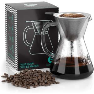 Coffee Gator Pour Over Coffee Maker - 14oz High Heat Borosilicate Glass with Reusable Stainless Steel Filter, Drip Coffee Brewer Pourover Dripper Set Carafe, 400ml Clear