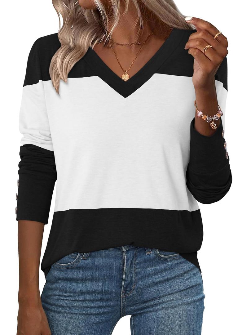 KISSMODA Fall Shirts For Women 2025 Tunics Or Tops To Wear With Leggings Blouses For Women Business Casual V Neck T Shirts White Color Block Tops Work Clothes White S