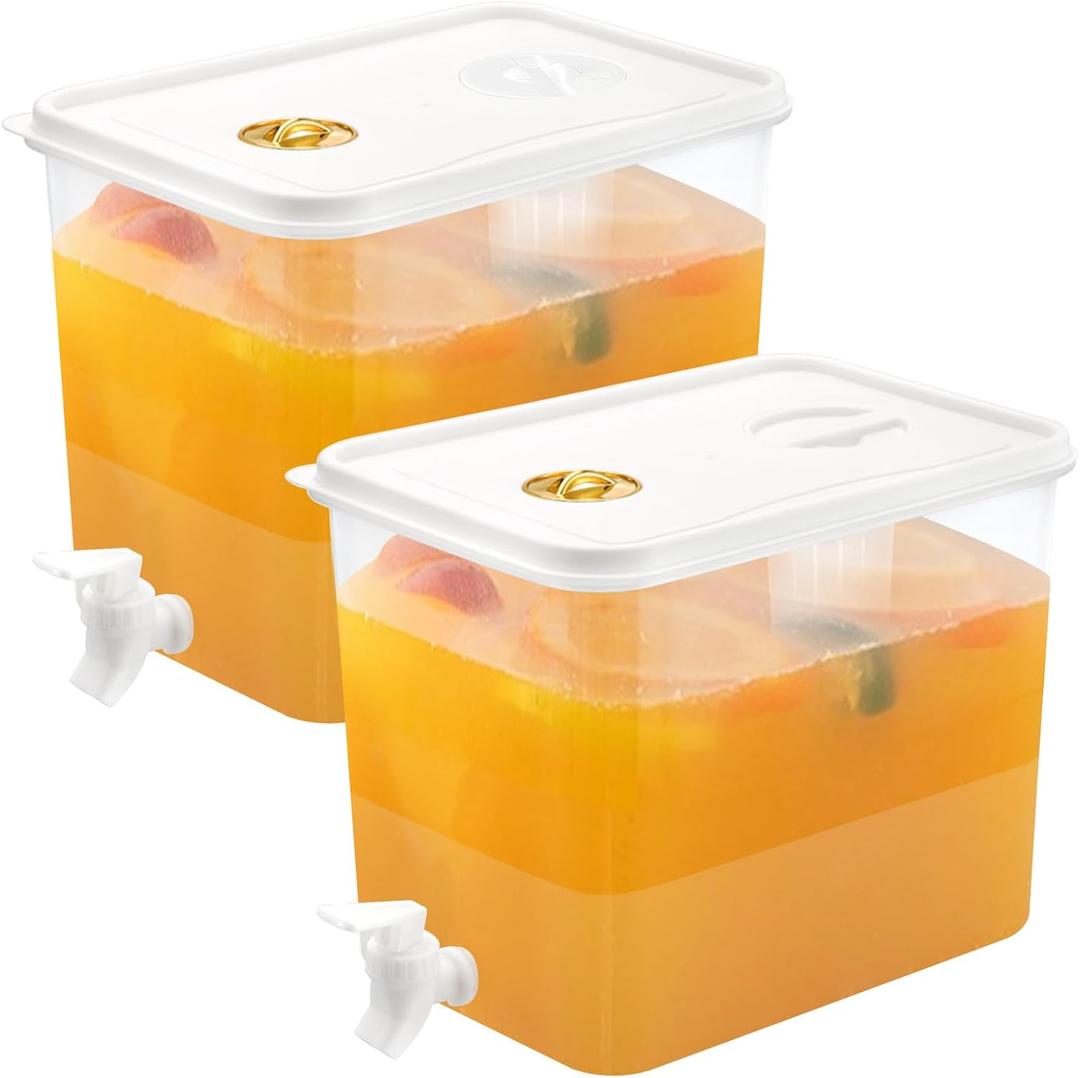2 PCS 2 Gallon Fridge Beverage Drink Dispenser with Spigot Leak Proof Lids Filter Screen Juice Container Sealed Plastic Lemonade Water Milk Cold Hot Drink Tea Jug for Parties