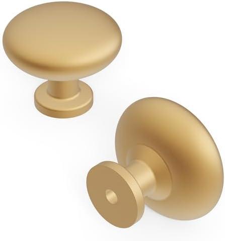 Hickory Hardware 6 Pack of Round Kitchen Cabinet Knobs, Quality Drawer and Dresser Knob, Handle Pulls for Cabinet Doors, Bathroom Drawers, 1-1/8 Inch, Brushed Brass