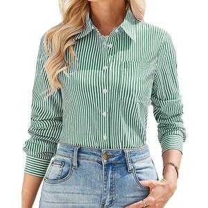 IBAOTORONI Women’s Striped Button Down Shirt Cotton Long Sleeve Collared Casual Work Stripe Blouse Tops with Pocket (L)