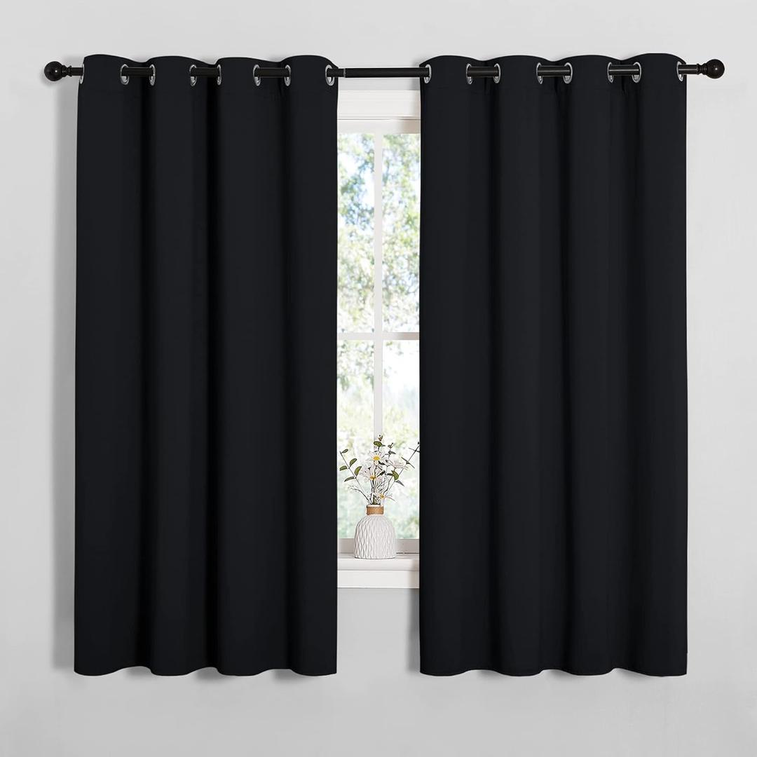 NICETOWN Bathroom Blackout Curtains and Drapes, 2 Panels, 55 inches Wide by 57 inches Long, Black Solid Thermal Insulated Grommet Blackout Drapery Panels for Window