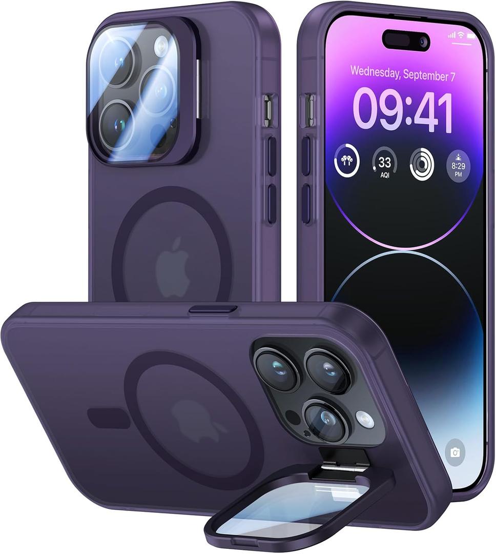 for iPhone 14 Pro Max Case with Camera Cover Stand [Built-in 9H Camera Lens Protector][Fit for Magsafe] Military Grade Shockproof Translucent Matte Magnetic Phone Case 6.7", Purple