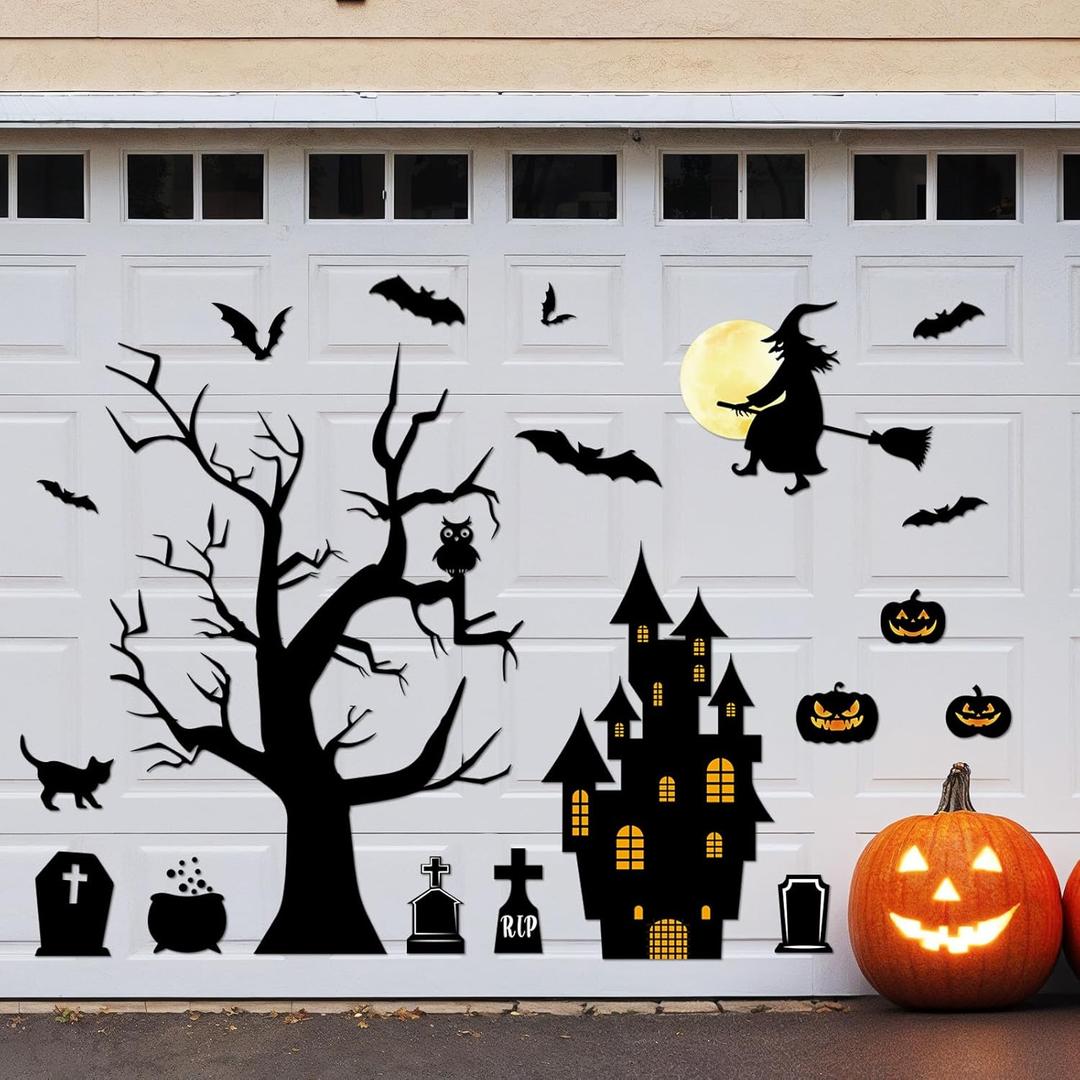 20Pcs Halloween Garage Door Decorations Black Magnet Stickers Witch Withered Tree Tombstone Pumpkin Bat Cat Large Magnetic Halloween Party Favors Decor Home Car Refrigerator Outdoor Windows Supplies