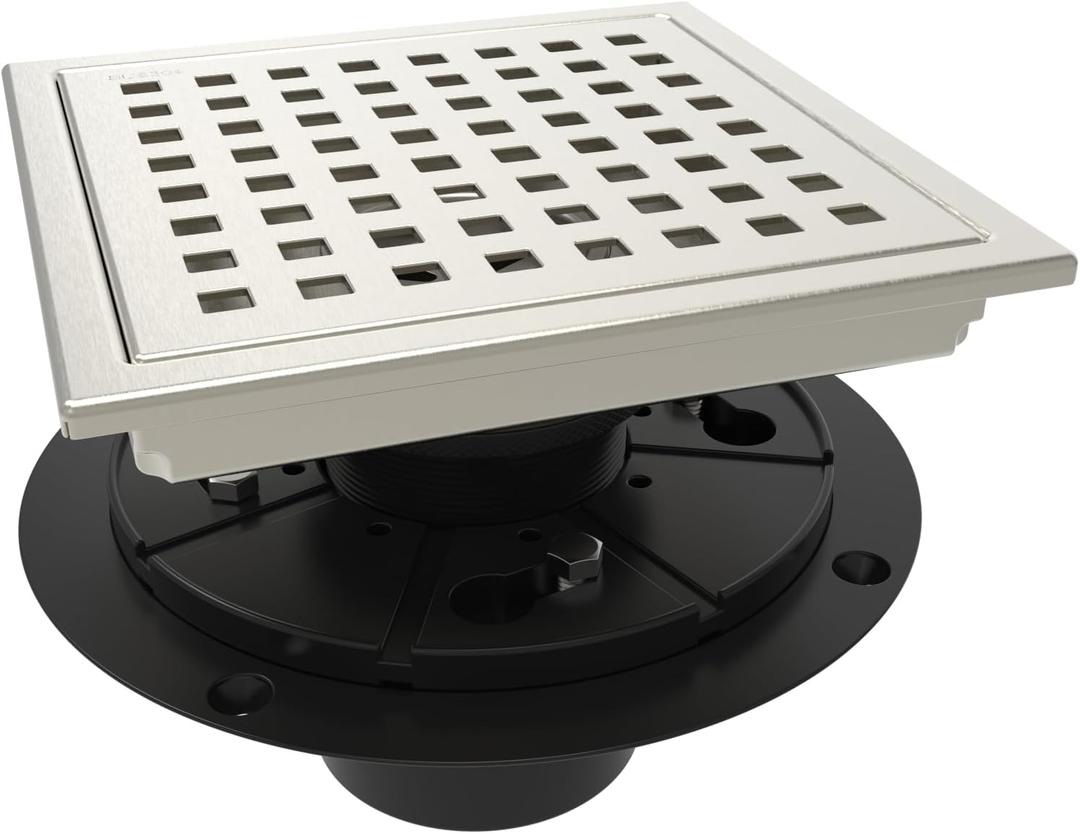 WEBANG 6 Inch Square Shower Floor Drain with Flange,Quadrato Pattern Grate Removable,Food-Grade SUS 304 Stainless Steel,Watermark&CUPC Certified,Brushed Nickel