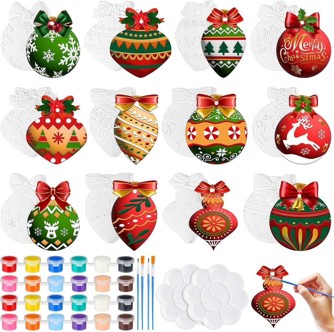 Beeveer 24 Pcs Christmas Ceramics to Paint Ball Ornaments Craft Christmas Ceramic Craft DIY Painting Kit 3D Ready to Paint Your Own Kit Xmas Ball DIY Ornaments Gifts Party Favor