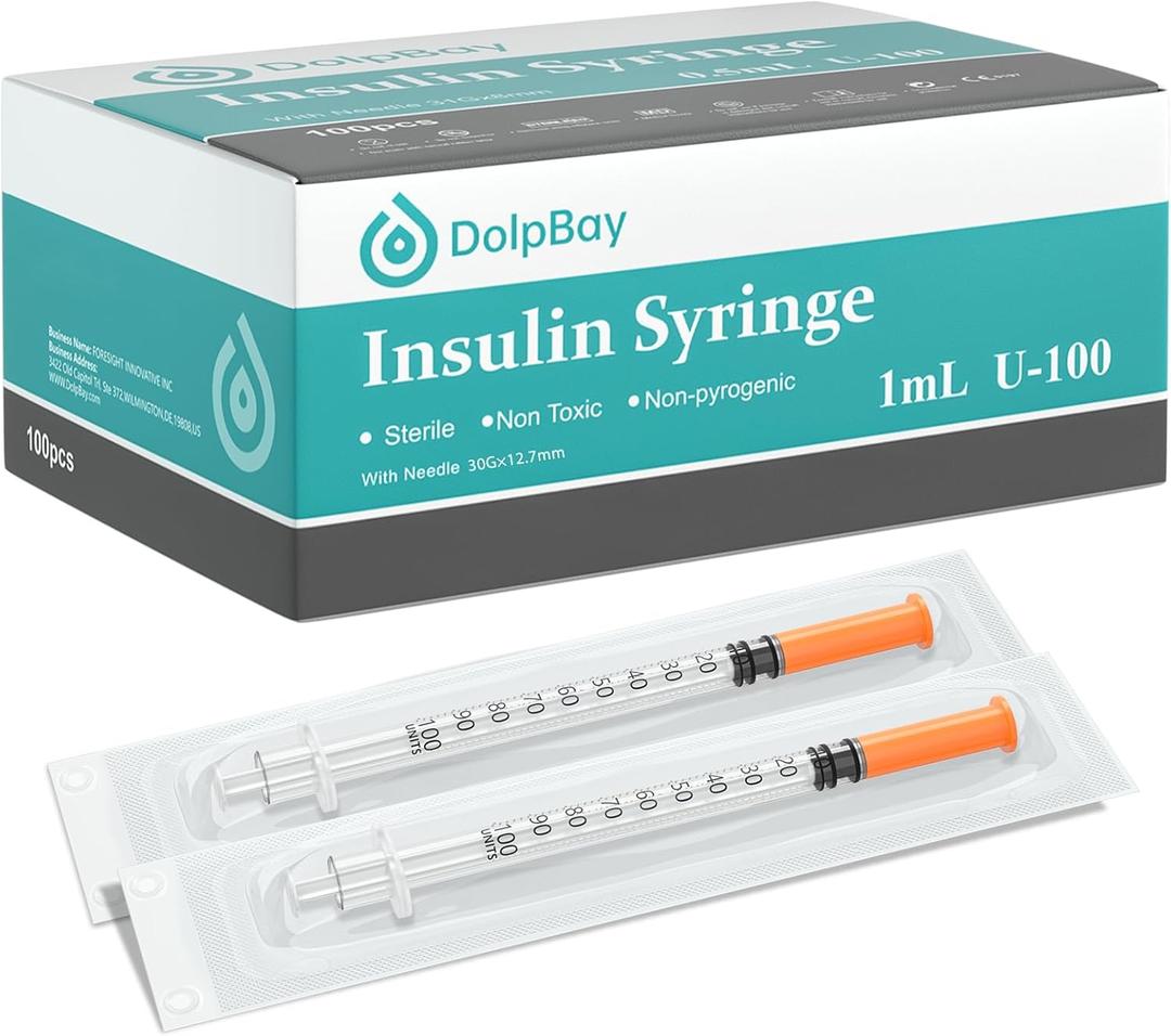 Insulin Syringe with Needle, 30G 1cc 1/2-Inch (12.7mm), Box of 100