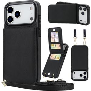 Compatible for iPhone 17 Pro Case Wallet with Crossbody Strap, 4 Card Holder [RFID Blocking], Flip Vegan Leather Protective Shockproof Slim Wallet Phone Case for Women Girls, Black