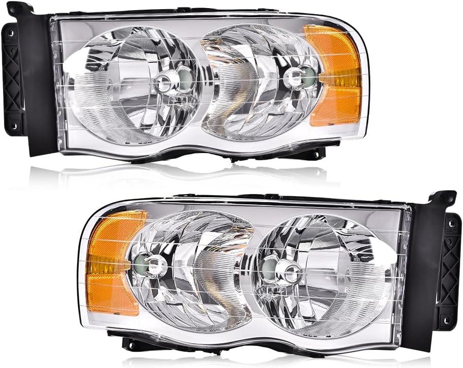 PIT66 Headlight Assembly Compatible with 2002-2005 Dodge Ram 1500/03-05 Dodge Ram 2500 3500 Halogen Headlamp Pair Replacement Part Clear lens Chrome Housing Amber Reflector
