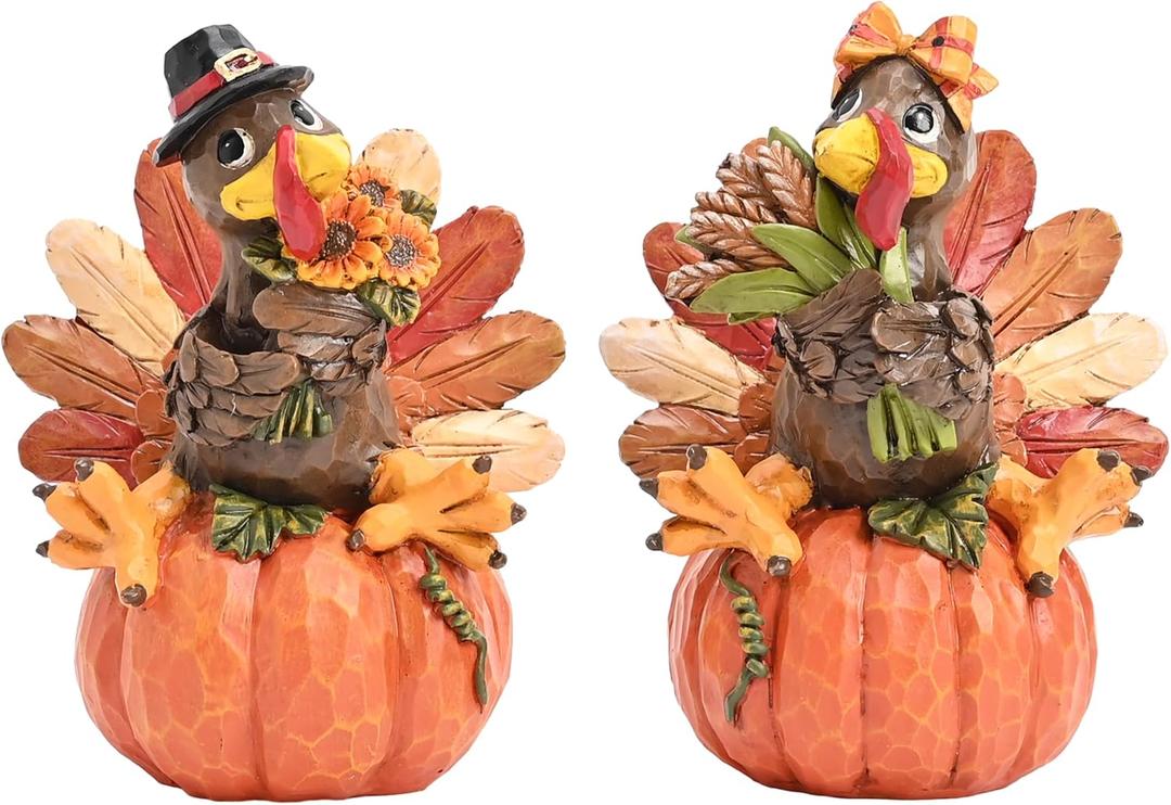 Valery Madelyn Fall Decorations for Home, 2 Pcs Thanksgiving Turkey Pumpkin Decor for Table Indoor Outdoor, Resin Fall Decor Sunflower Garden Figurines for Autumn Harvest Porch Tiered Tray, 5"