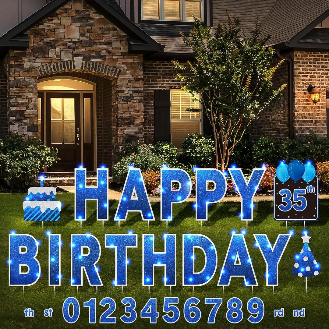Yerliker 16 Pcs Happy Birthday Yard Signs with Stakes, 32.8 ft LED Lights, 42 Pcs Number Stickers, 13.4 Inch Letters Signs for Birthday Party Supplies Yard Lawn Outdoor Decoration(Royal Blue)