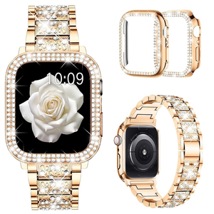 Mosonio Compatible with Apple Watch Band 38mm 40mm 41mm 42mm 44mm 45mm 46mm 49mm with 2 Pack Case Women, Jewelry Replacement Metal Bands Strap with Bling PC Protective Case for iWatch Ultra SE Series 10/9/8/7/6/5/4/3/2/1