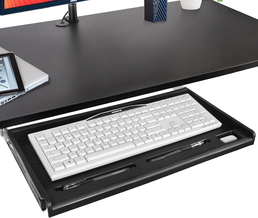 TOOCUST Under Desk Keyboard Tray, 20" Wx11"D Sturdy Key Board Tray Under Desk Slide with Pen Tray, Desk Extender with Pen Holder,Black
