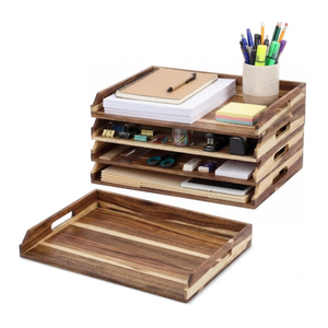 AceOrbit 4 Pcs Stackable Paper Tray Acacia Wood Desk Organizer Letter Tray 4 Tier Wooden File Organizer Desk Shelf for Documents, Letter Sorter, Envelopes and Magazine Holder