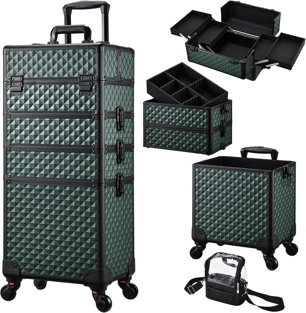 Stagiant Rolling Makeup Case 4 in 1 Cosmetology Case on Wheels Makeup Travel Case with Cosmetic Bag Key Swivel Wheels Salon Barber Case Traveling Cart Trunk Cosmetic Trolley Green