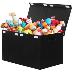 popoly 122L Large Toy Box Chest with Lid, Foldable Toy Storage Organizer Bin Boxes with Removable Divider for Kids, Boys, Girls, Nursery, Playroom, 26"x17" x17"(Linen Black)