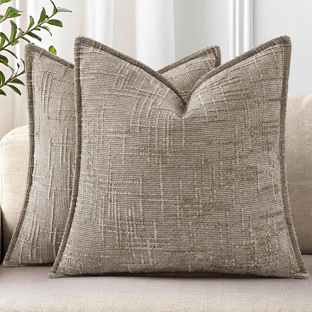decorUhome Chenille Throw Pillow Covers 18x18 Set of 2, Thick Textured Slubby Neutral Decorative Pillow Covers with Elegant Design for Couch, Sofa, Living Room, Oatmeal