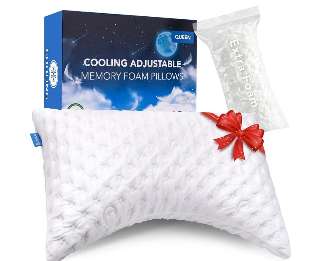 Cooling Side Sleeper Pillow for Neck and Shoulder Pain, Luxury Shredded Memory Foam Curved Bed Pillows for Sleeping Set of 1- Adjustable Queen Size- Washable Cover Crescent White 30"L x 20"W