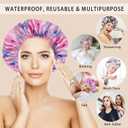 2 x Shower Caps for Women, 4 PCS Reusable Waterproof Bath Cap | Double Layer, Washable, Wide Elastic Band, Holds Long Hair, Caps for Bath Accessories, Spa, Travel Home - Flower C