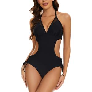 Women's Halter Cutout One Piece Swimsuit Mesh Monokini Bathing Suit (Medium, Black)