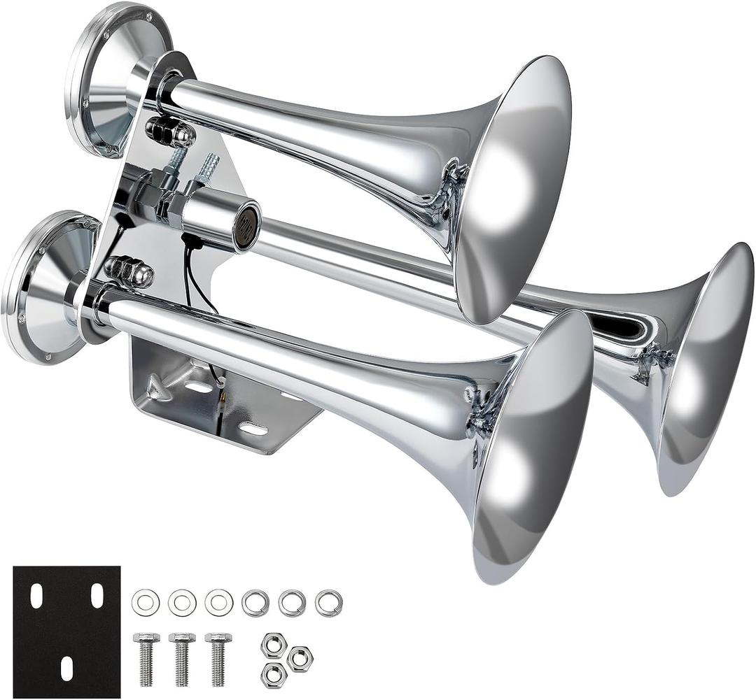 FARBIN Air Horn 12/24V Heavy Duty Triple Trumpets Chrome Train Horn Truck | 12/24 volt, 178dB, for bus/truck/train and heavy duty vehicles
